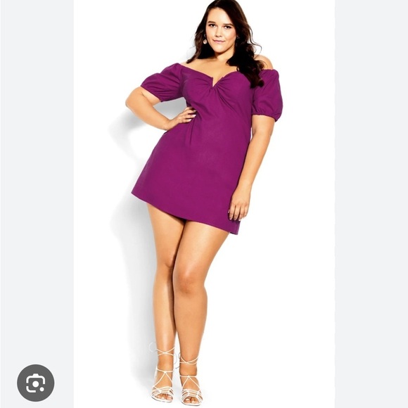 CITY CHIC Sweet Paradise Puff Sleeve Mini Dress in Magenta - Picture 1 of 5